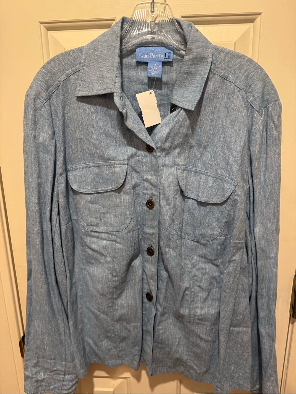 Evan Picone Light Blue Lightweight Shirt Jacket with Chest Flap Pockets